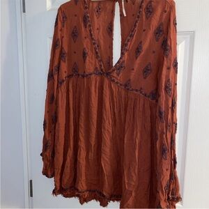 Free People Red 3/4 Sleeve Ruffled‎ Blouse